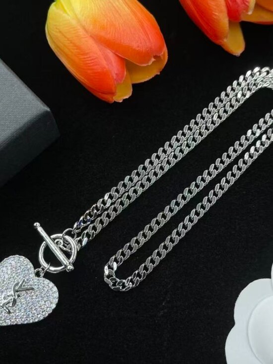 Vintage Yves Saint Laurent Silver Metal Necklace With YSL  YSL Silver-Tone Crystal Heart Logo Toggle Chain Necklace